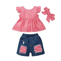 baby girl clothes childrens clothing toddler girls flying sleeves plaid skirt tops ripped denim shorts and hairband outfits w