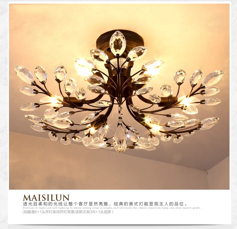 

American BLACK country village K9 crystal + wrought iron E14 Led Ceiling Chandelier Fixtures restaurant indoor LED lamp