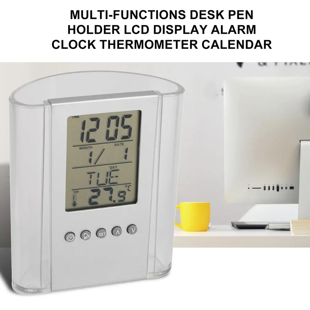 Цифровая настольная ручка/держатель для карандашей ЖК-будильник термометр и