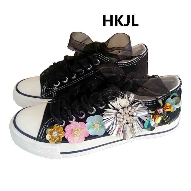 

HKJL 2019 корейская парусиновая платформа для студентов корейские стразы с цветочным кружевом ленивые повседневные туфли на плоской подошве