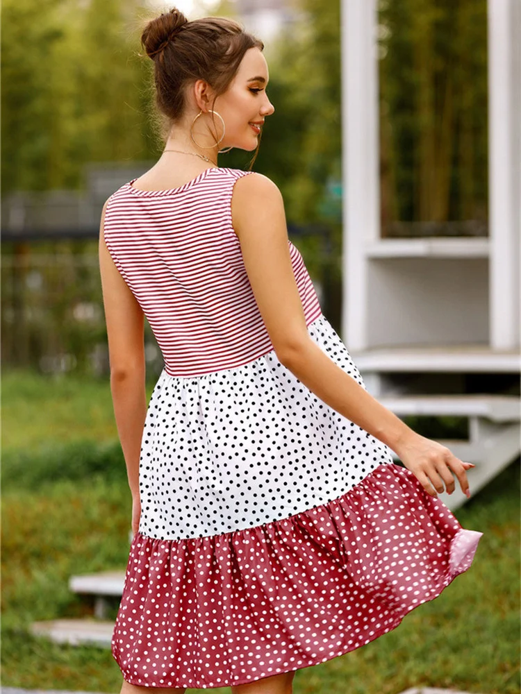 

Summer Polka Dot Check Patchwork Sundress Women Fashion Casual Loose Sleeveless Mid Waist Dress 2021 Elegant Streetwear Dress