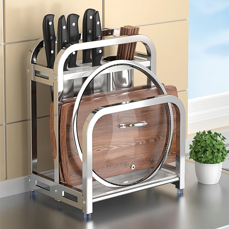 

3 in 1 Stainless Steel Sink Stand Kitchen Knives Holder with Cutlery Storage Box Chopping Board and Lid Rest Organization
