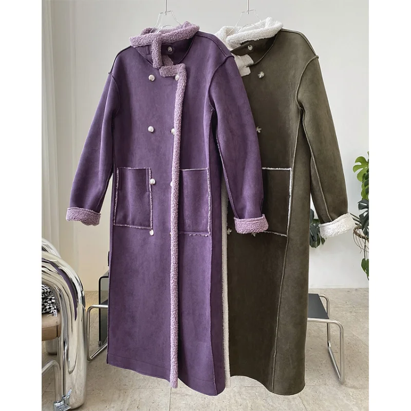 Lamb Wool Coat Lapel Fur One-piece Two-wear Winter New Style Korean Fashion Casual Warm Long Coat Women Full Pelt Wide-waisted