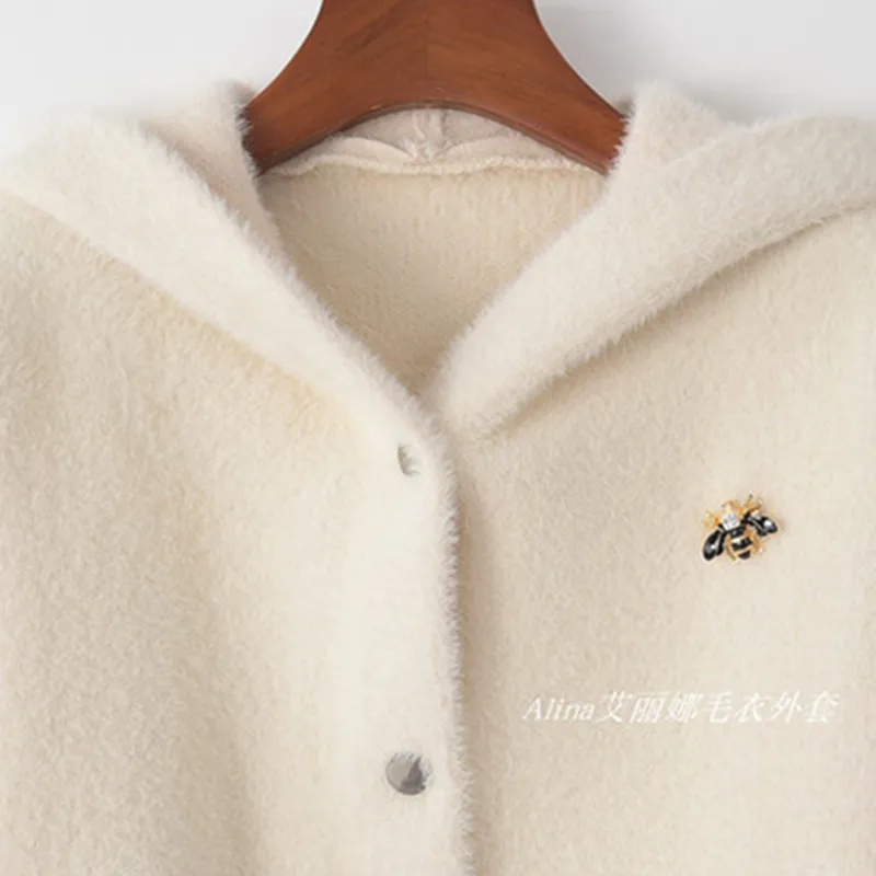 2019 Spring New Women Loose Imitation Mink Cashmere Jacket Coat Female Short Hooded Sweater Thick Knit Autumn Outerwear |