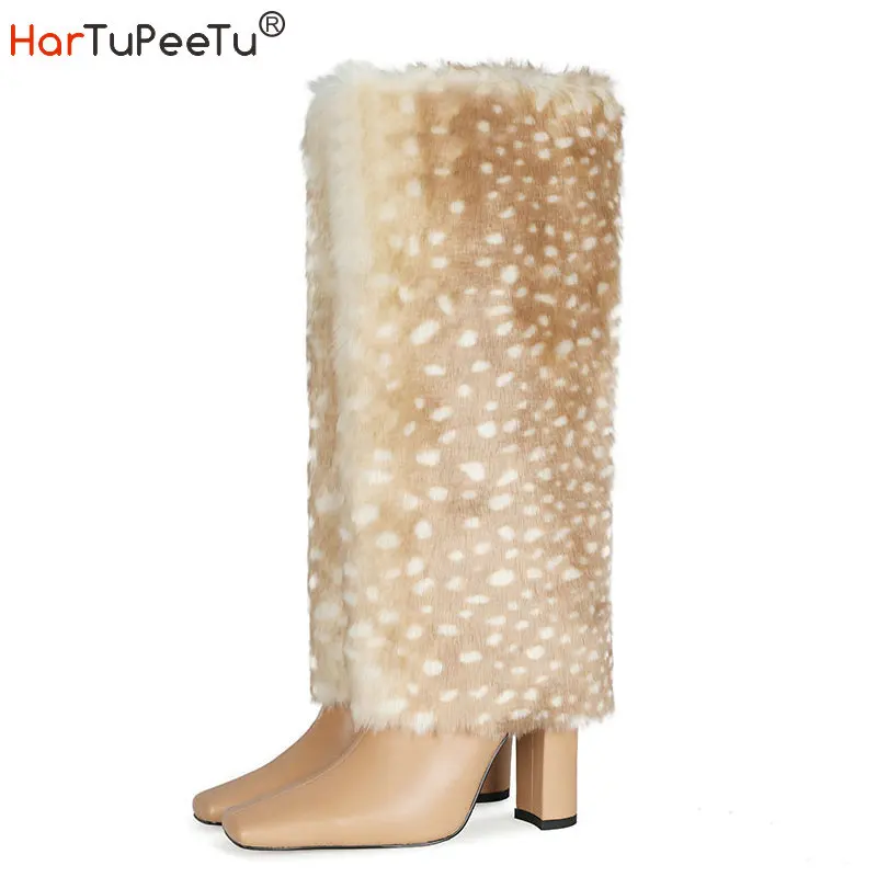 2021 New Winter Women Knee High Boots with Fur Square Toe Fashion...