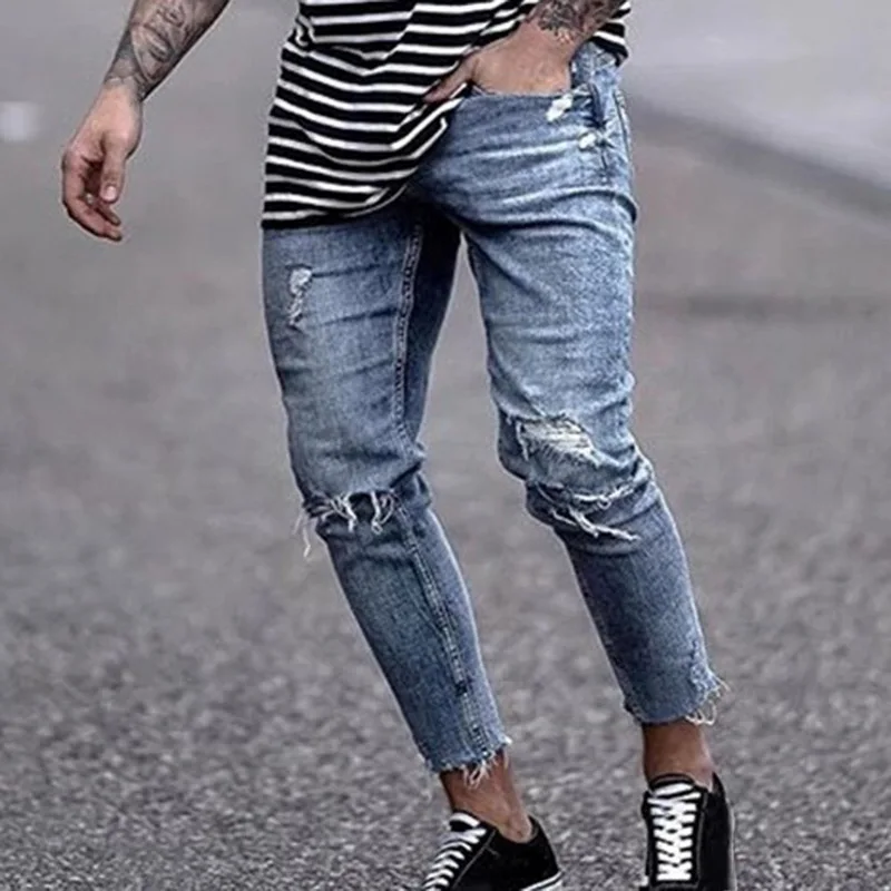 Джинсы Vogue мужские рваные в байкерском стиле прямые зауженные брюки-султанки из