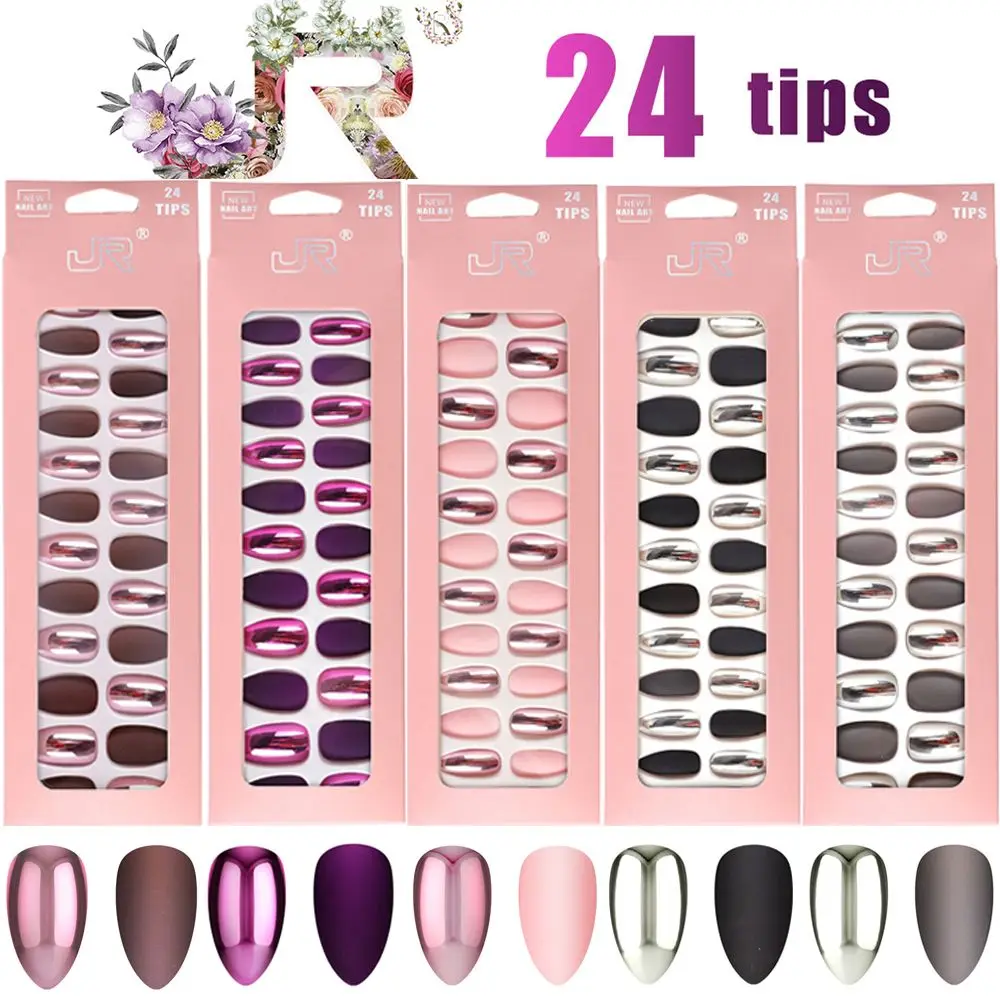 

24Pcs/Box Fake Nails With Glue Nail Art Tips Press On False Nails Tipsy Matte Full Cover Artificial Detachable Nail Art Decor