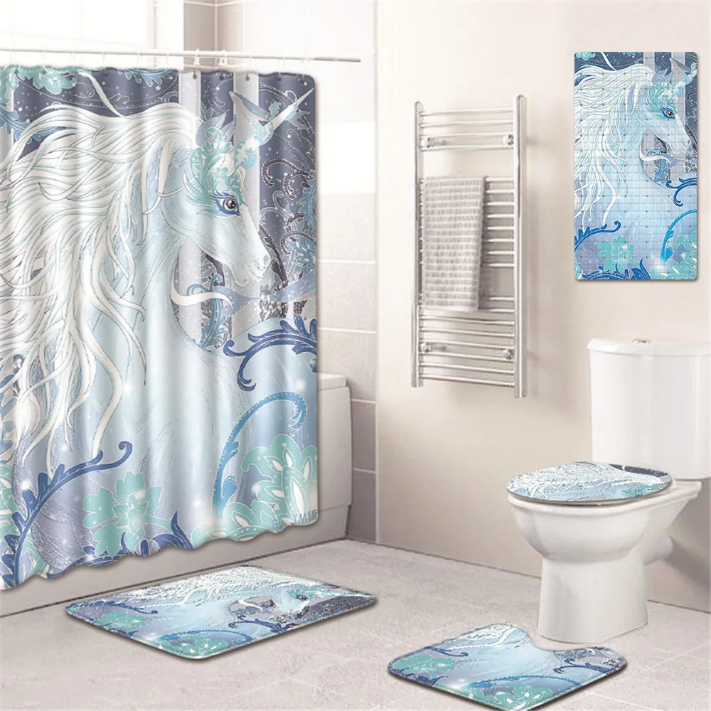 

Unicorn Shower Curtain Bathroom Mat Toilet Cover Mat Absorbent Non-Slip Home Mat Kitchen Pad Five-Piece Carpet