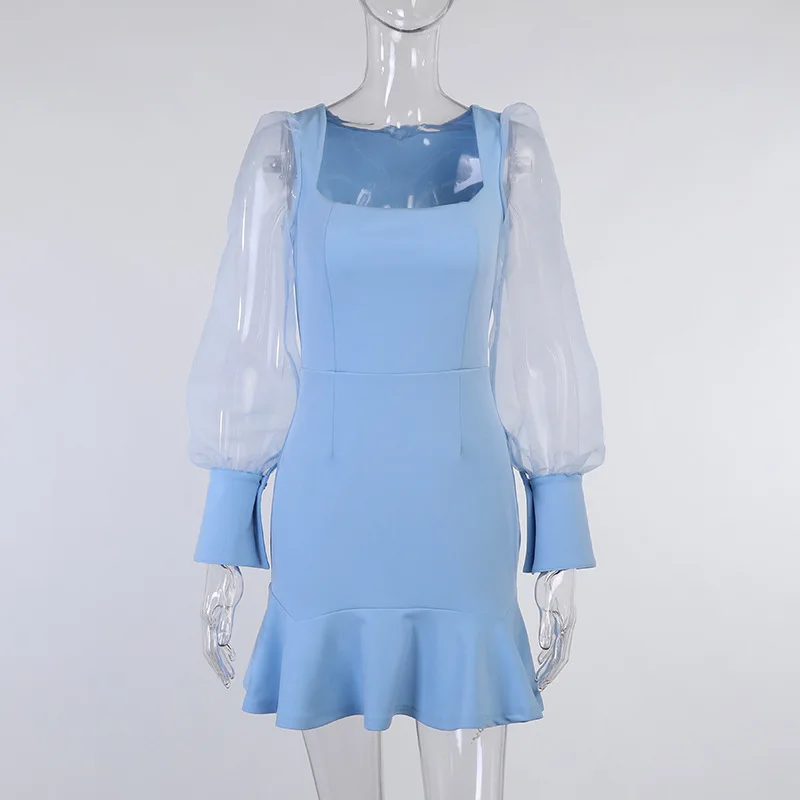 

2021 Fashion Lantern Sleeve Blue Dress Women Bodycon Ruffles High Waist Casual Party Sweet White Chic Lady Mini Dress Vestidos