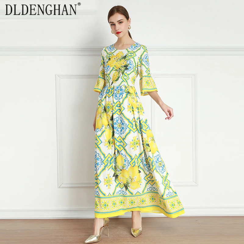 

DLDENGHAN Fashion Floral Print Spring Long Dress Women's Flare Sleeve Beading Vacation Ankle-Length Dresses Designer New