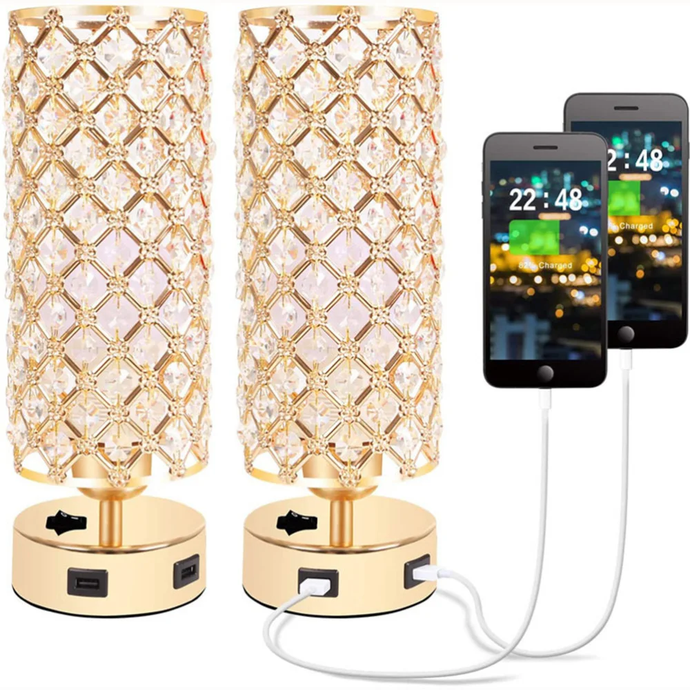

Dual USB LED Crystal Lampshade Table Lamp Simple Decorative Light for Bedside Reading Room Sitting Room with US Plug without Lig