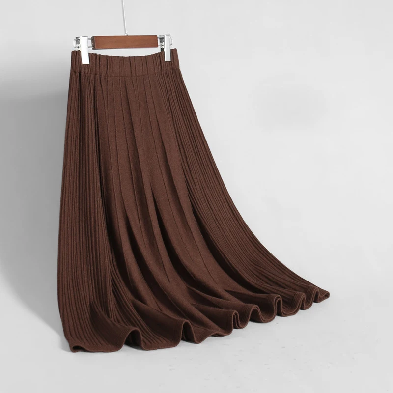 2019 Вязанная женская юбка средней длины с высокой талией модная плиссированная