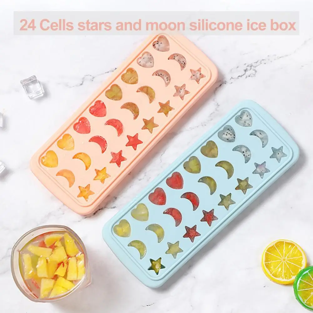 

Ice Cube Tray with Lid Stars Moons Love Hearts Shape 24 Cavity Silicone Safe Durable Whiskey Ice Ball Maker Kitchen Tools