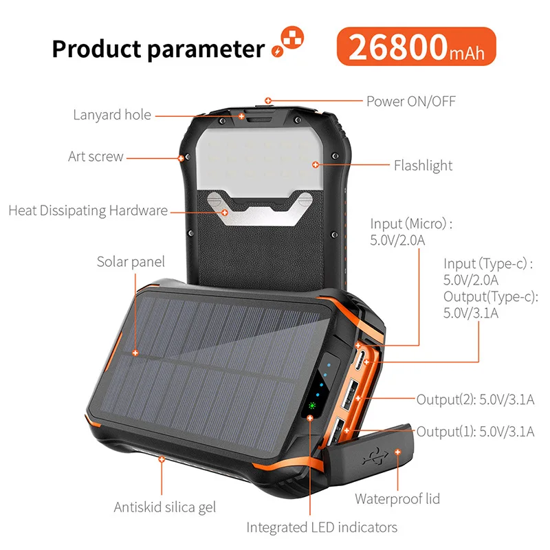 26800mah Солнечное Мощность Дополнительный внешний аккумулятор с микро-Тип USB-c