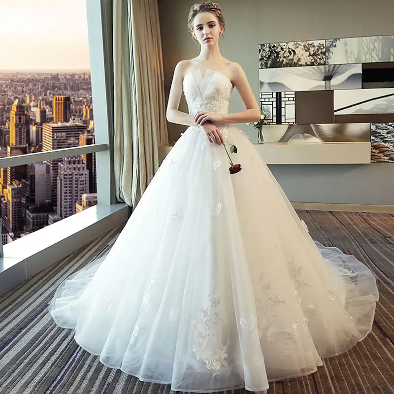 

OllyMurs Princess White Dream Wedding Dress Off Shoulder Sweetheart Applique Lace Ball Gown Bridal Dress Trailing Yarn