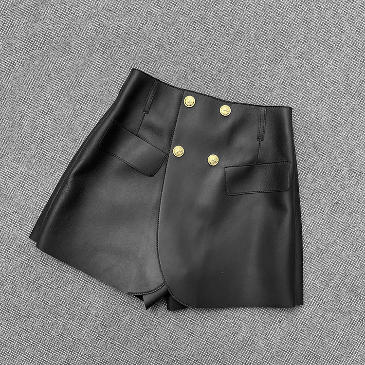 2021 Spring wome's high quality genuine leather shorts chic double-breasted leather pantskirt C555