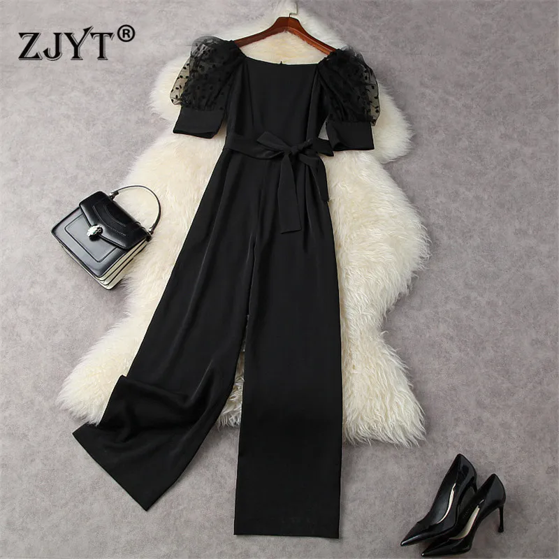 

Runway Fashion Elegant Summer Puff Sleeve Solid Black Jumpsuits Womens Rompers Office Lady Wide Leg Full Length Pants with Belt