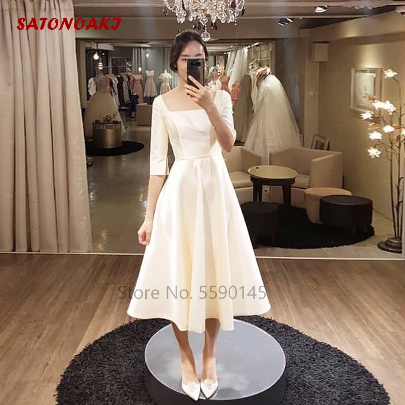 

2022 Simple Tea Length Wedding Dress Half Sleeves White Ivory A-Line Princesa Bridal Gown Vestido De Novia Robe Mariée France