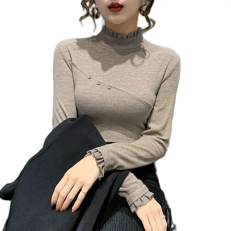 

Блузка из флиса с коротким воротником и кружевными ушками, футболка с длинными рукавами для осени/зимы 2021, модная женская одежда
