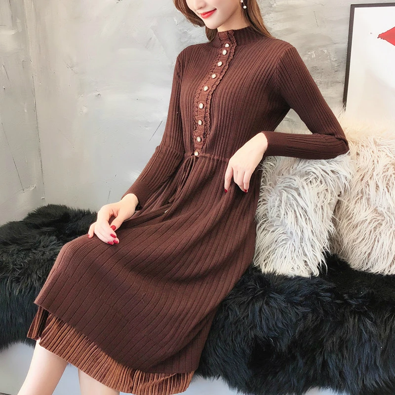 Женское трикотажное платье свитер средней длины на пуговицах|Женские платья| |