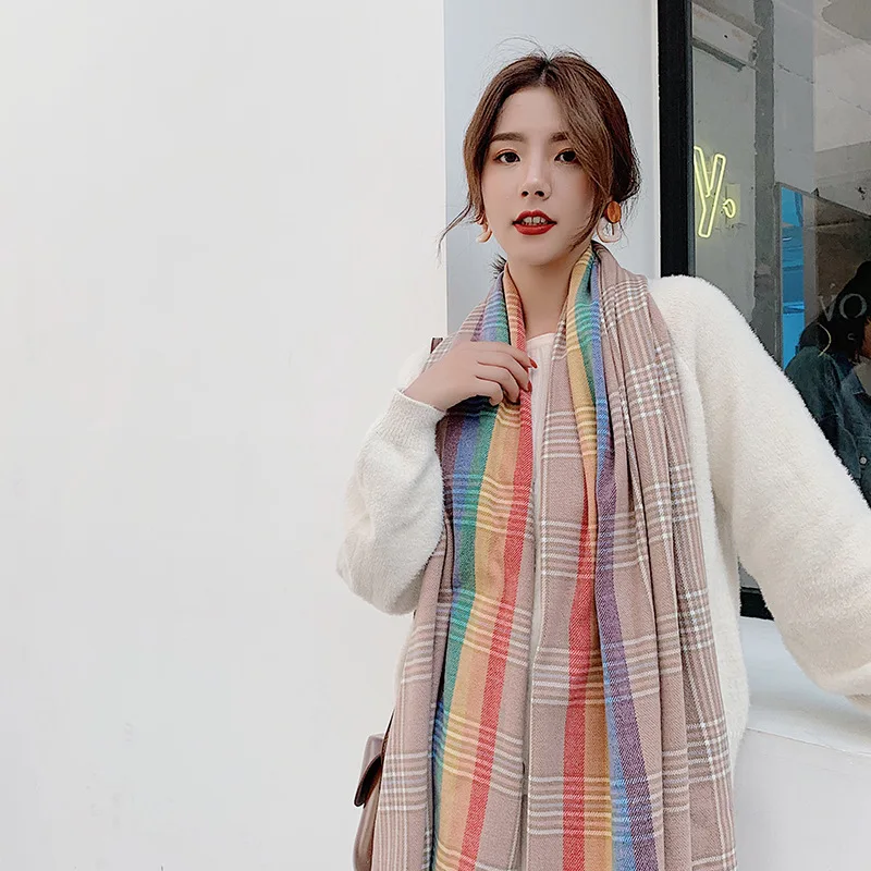 Женский теплый шарф в Корейском стиле зимняя плотная Радужная шаль двойного