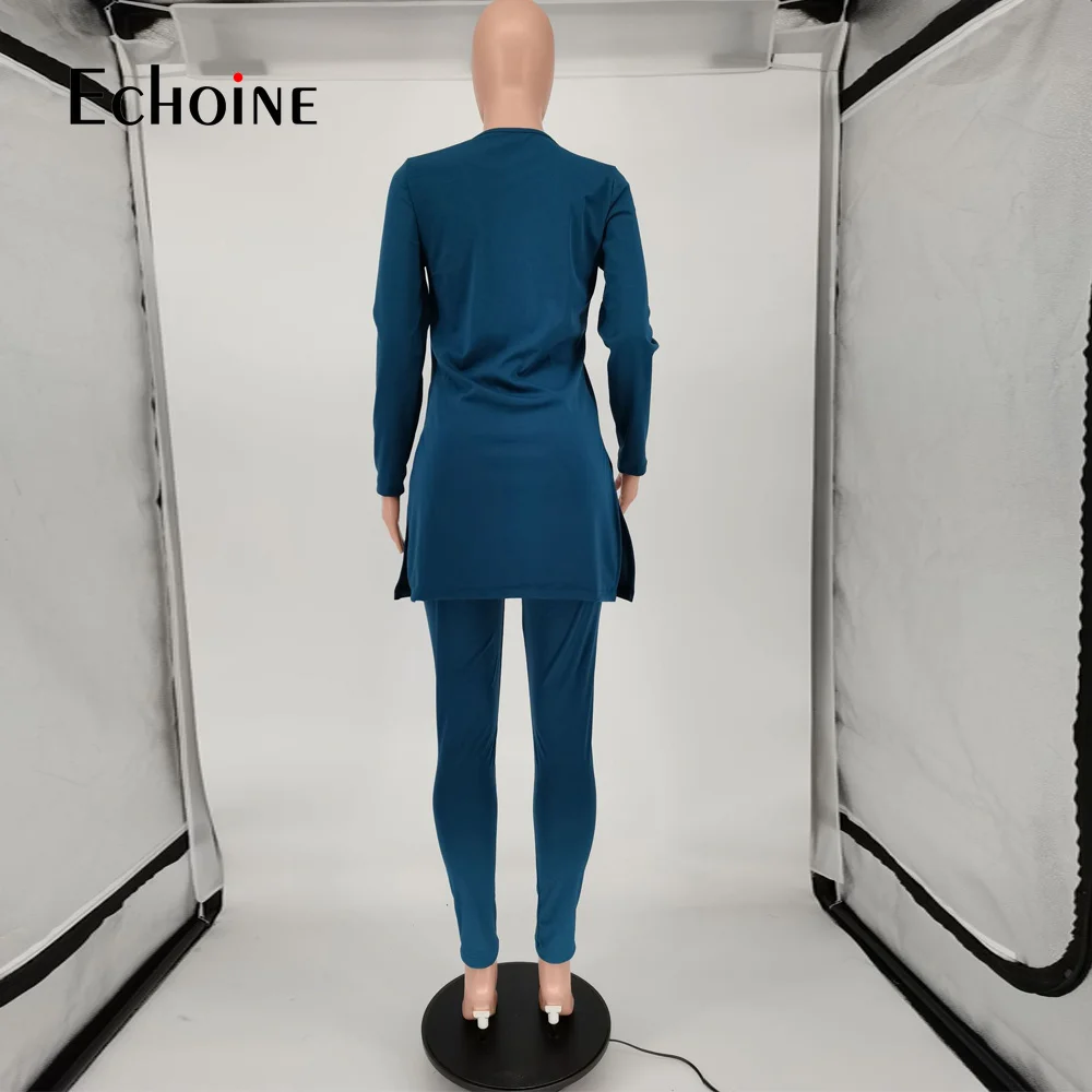 

Echoine Woman Solid Loungewear Two Piece Sets Tracksuit Long Sleeve Side High Split Tshirts and Fitness Legging Sweatsuit Suits