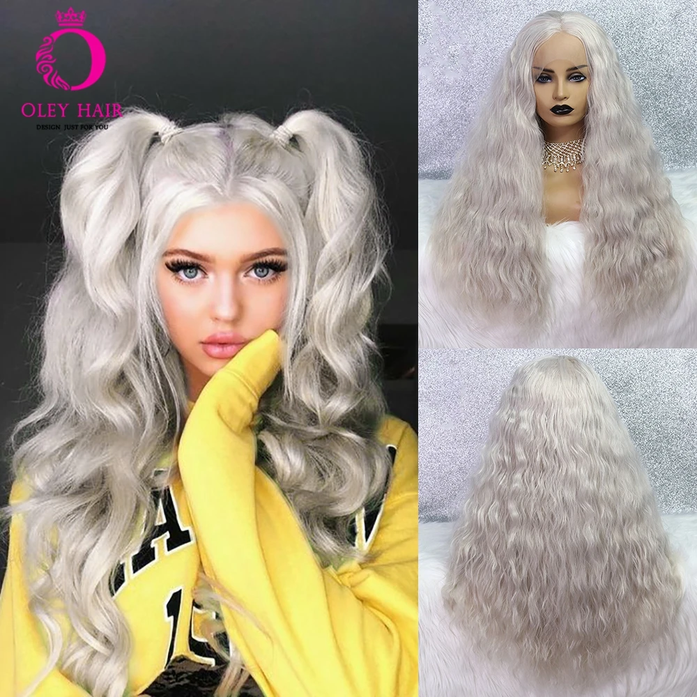 Light Sliver Synthetic Lace Front Wig Heat Resistant Heat Resistant Deep Wave Daily Party Cosplay Wigs For Black Women Oley