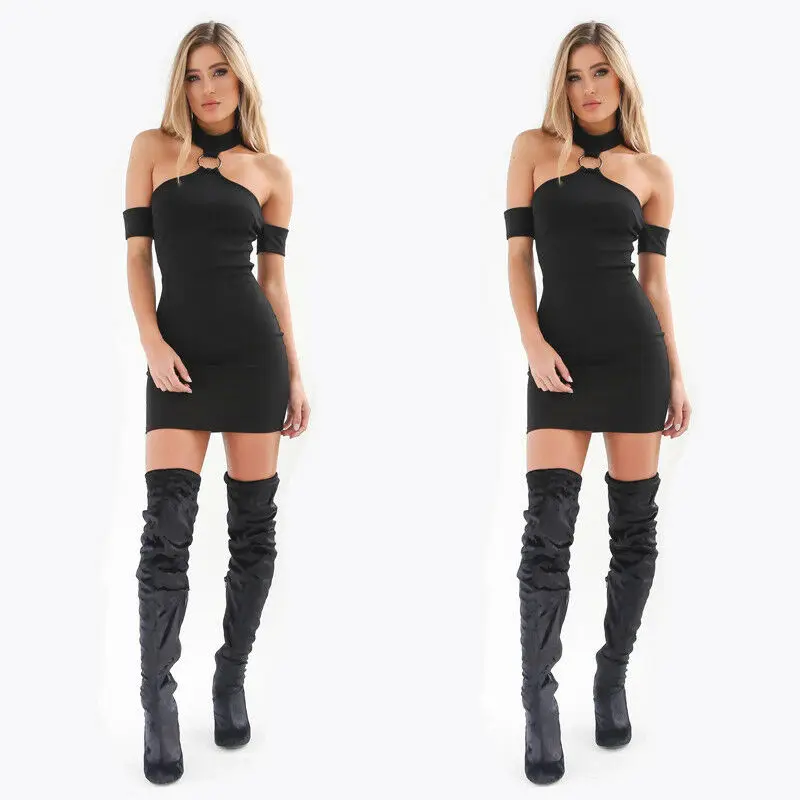 Black Women Sexy Bandage Bodycon Dress Cocktail Clubwear Short Mini Ladies Halter Neck Off-Shoulder Sleeveless | Женская одежда