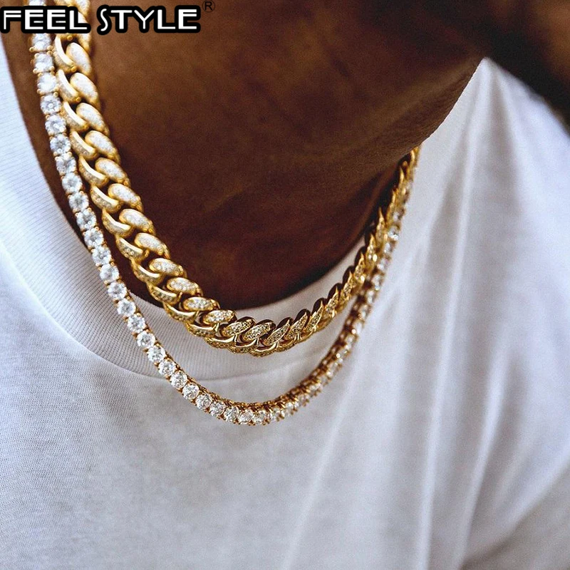 

2pcs/set Hip Hop CZ Bling Full Rhinestones Iced Out Miami Curb Cuban Chain 4mm Tennis Chain Paved Necklaces For Men Jewelry