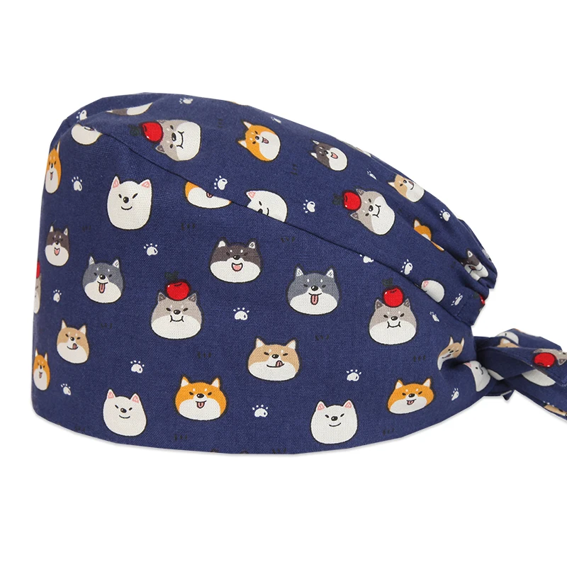 

Akita Dog Navy Veterinarian Scrub Caps Pattern Dental Nursing Print Work Hats Women 100% Cotton Beautician Chef Skull Cap