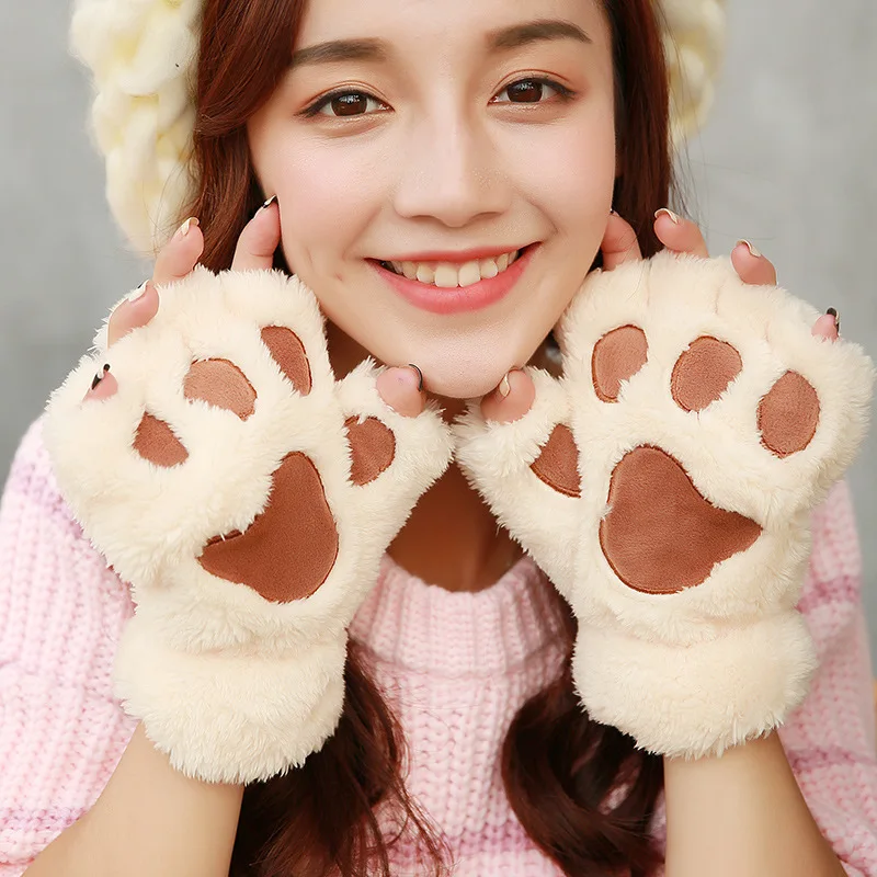 

Lovely Cat Claw Paw Gloves Soft Winter Warm Plush Mittens Gloves Fingerless Half Finger Velvet Gloves Women Girls Glove Cycling