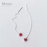 modian long chain red enamel hearts swing charm drop earrings 925 sterling silver simple fashion dangle ear for women jewelry