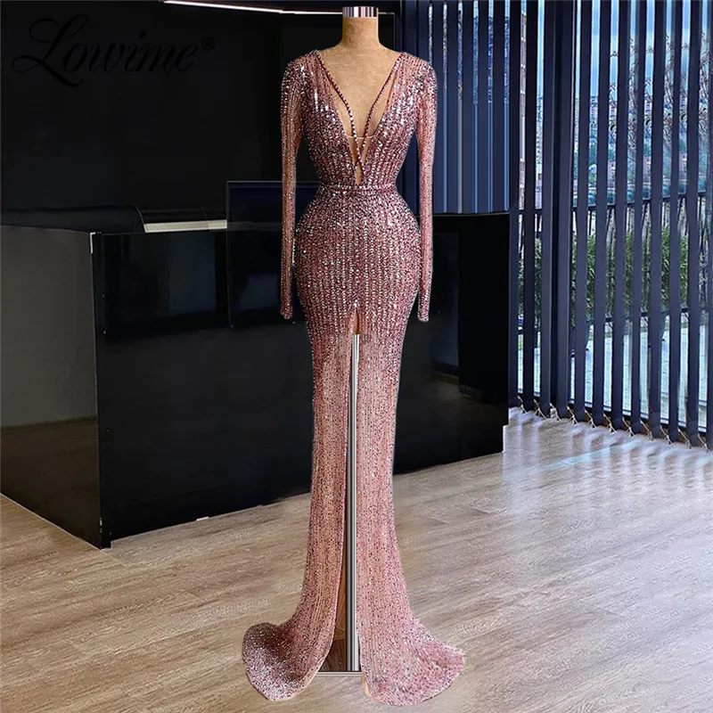 

Lowime Luxury Handmade Beaded Crystal Evening Dresses Formal Long Sleeves Dubai V Neck Turkish Arabic Party Gowns Robe De Soiree