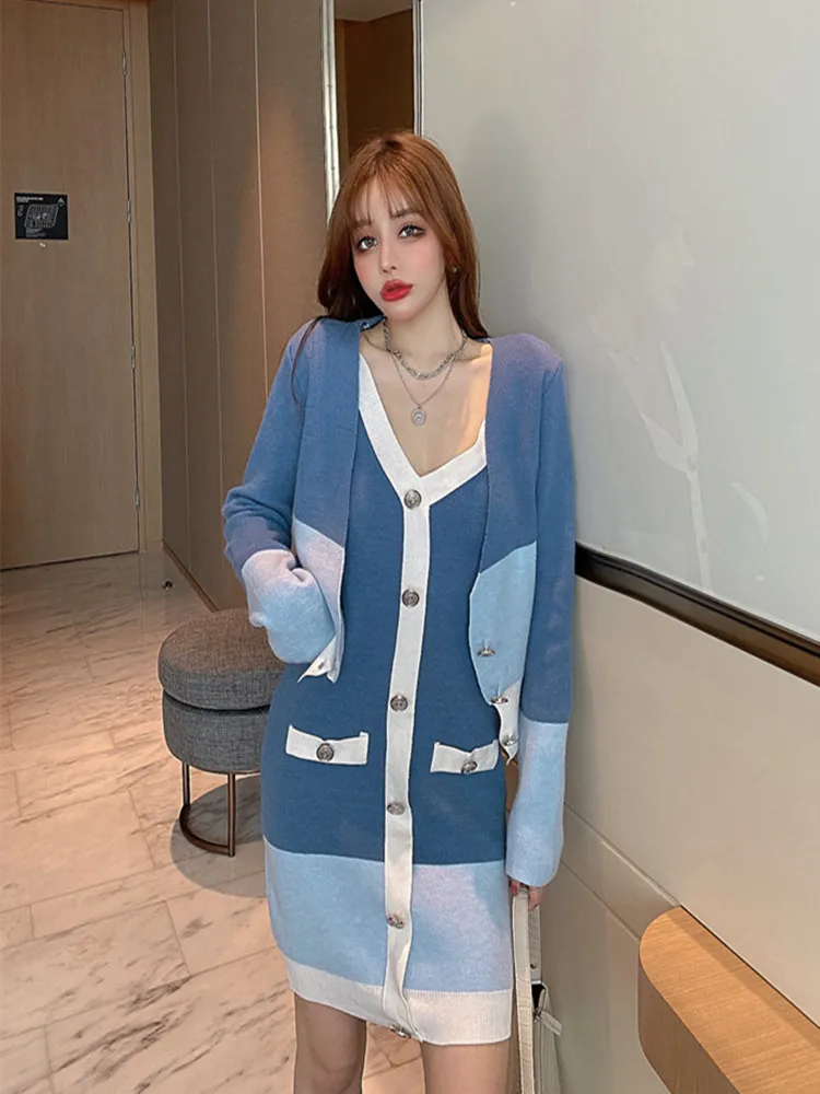 

Real Shot 2021 French Knitwear Small Coat Sweater Set New Celebrity Languid Suspender Skirt Two Piece Set