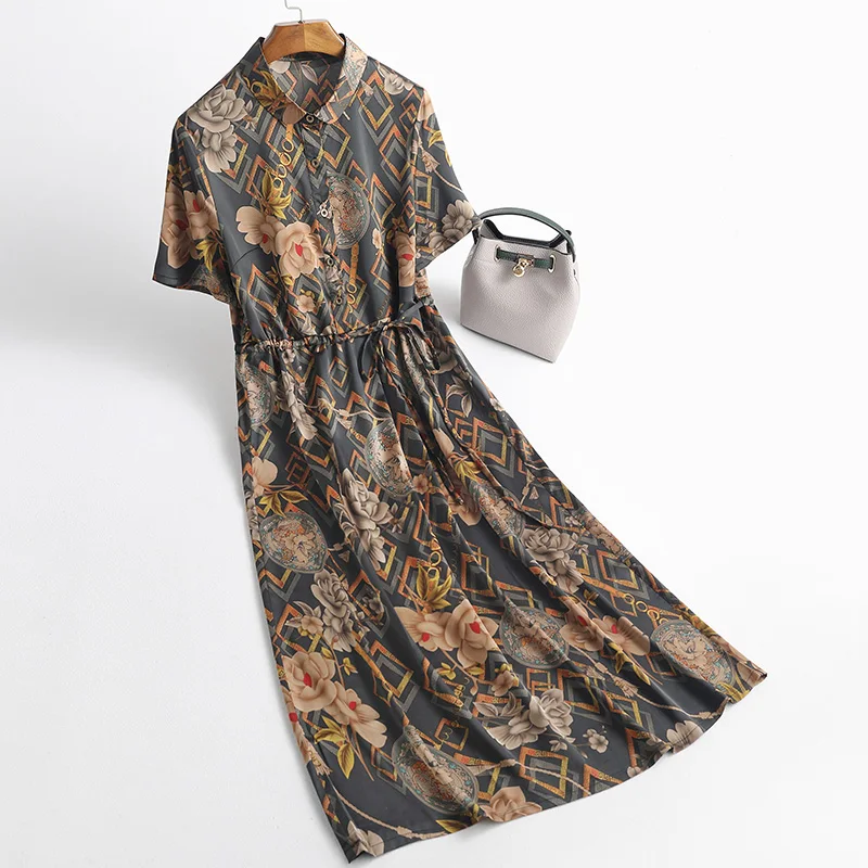 

2021 Women Spring Summer Elegant Print Dresses Female Chic Silk Lace Up Short Sleeve Dress Lady Casual Loose Pleated Vestido K26