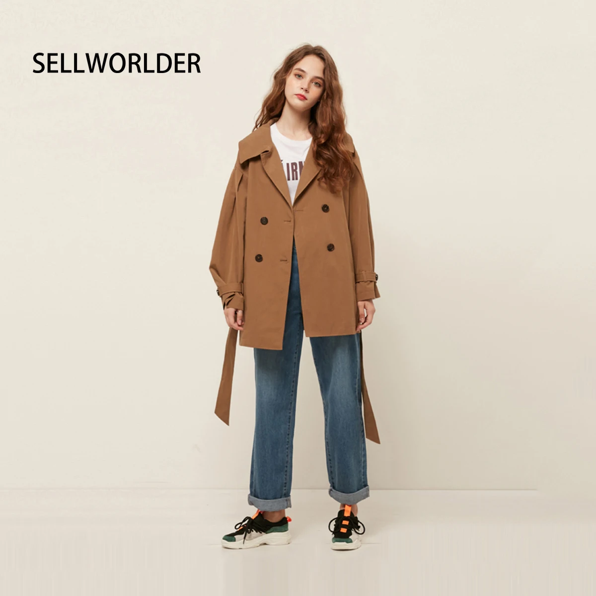 

Новинка; Модная Повседневная ветровка стильное пальто свободного кроя для женщин Осень Тренч классическое двубортное ремни простая накидк...