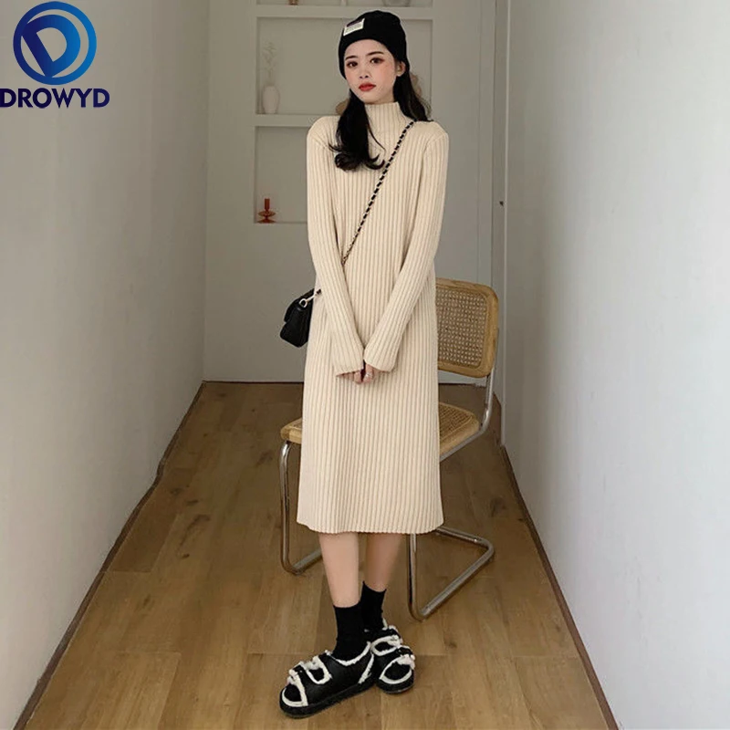 

Women Winter Basic Long Sweater Dress Turtleneck Long Sleeve Elegant Solid Color Brief Slim Knitted Dresses Pullovers Sweater