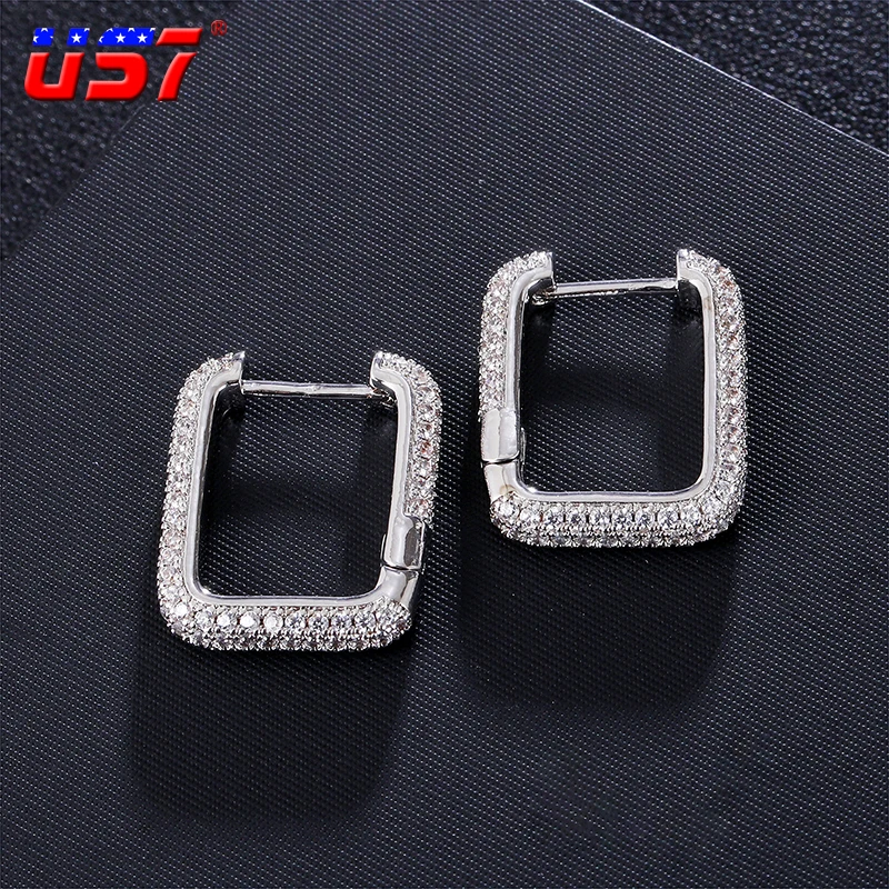 

US7 Square Dangle Earrings Full Bling Iced Out Cubic Zircon Anti-Allergic Earrings For Men Hip Hop Jewelry