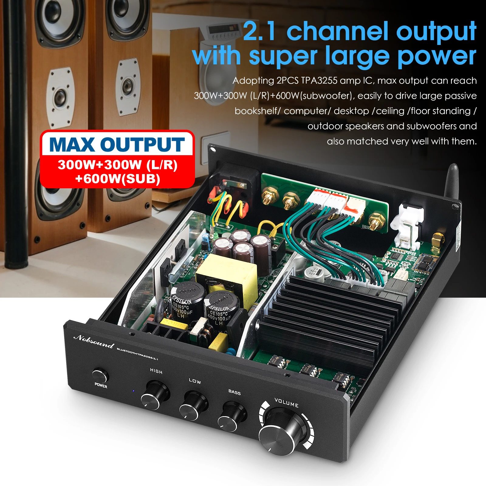 Nobsound HiFi 2.1 Channel Digital Amplifier Bluetooth 5.0 Receiver Home Stereo Subwoofer Power Amp 300W*2+600W | Электроника