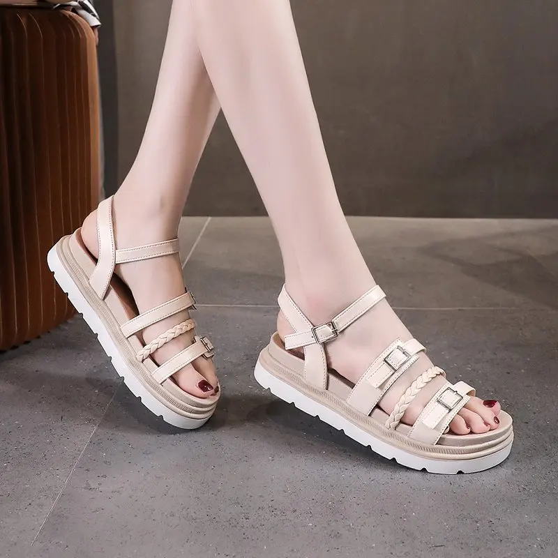 

Med 2021 Summer Beige Heeled Sandals Clear Shoes Medium Black Fashion Outside Girls Gladiator Flat Comfort New Casual Rome Scand