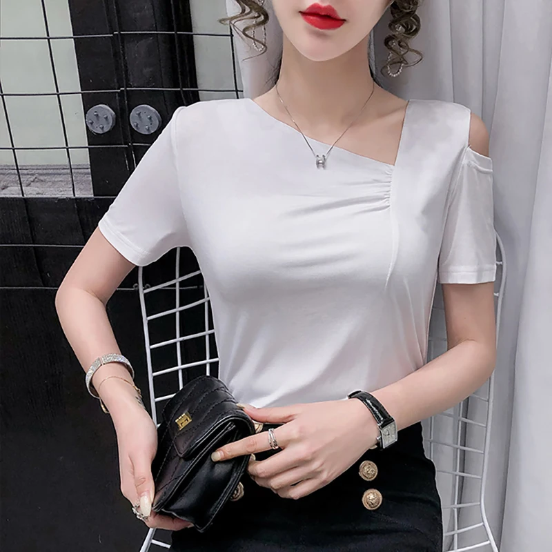 

Summer Cotton Women TShirt Short Sleeve Skew Neck Soild Korean Fashion White Casual Slim Off Shoulder Tee Shirt Femme T-shirts