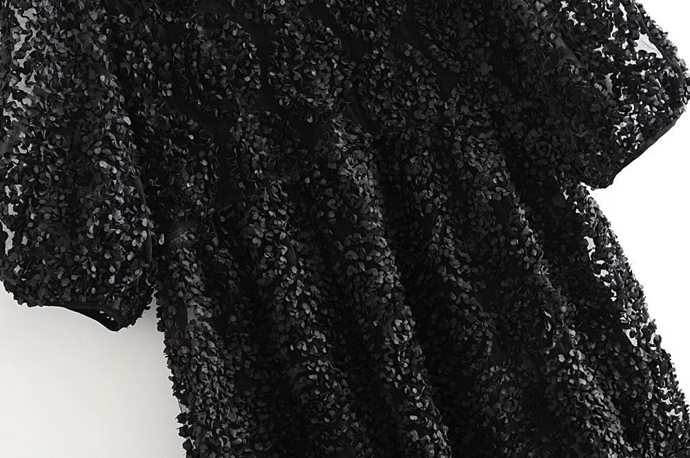 Star firefly casual western puff sleeve round neck openwork lace Za long dress female loose stitching dress women