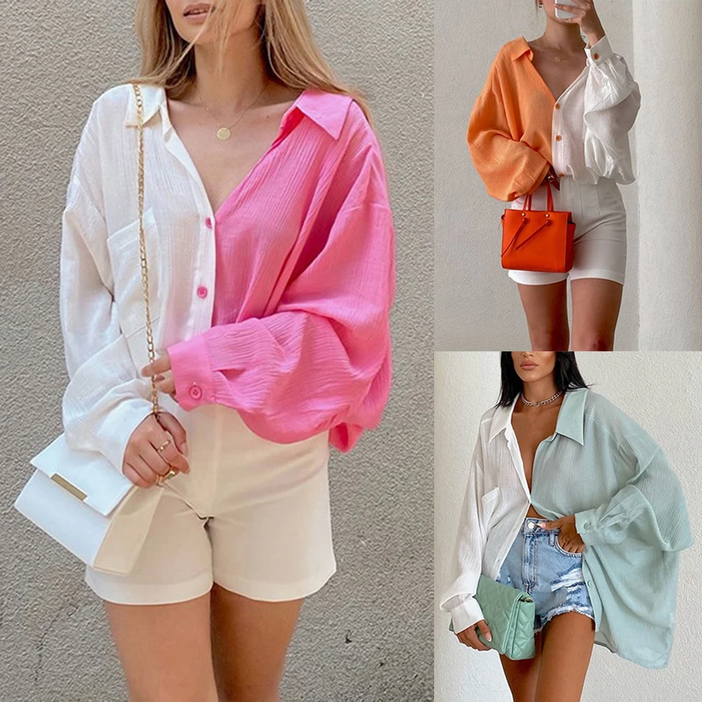 

Patchwork Blouse Shirt Women Elegant Autumn Winter Casual Long Sleeve Top Shirts V Neck Fashion Sexy Single Breasted Shirt