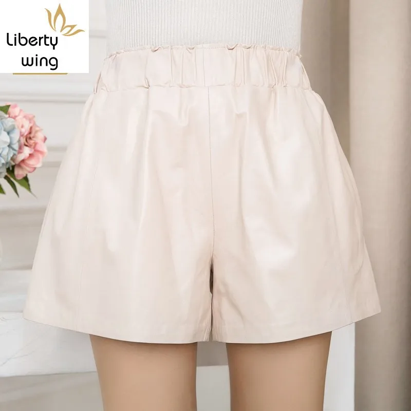 High Quality Women Elastic Waist Wide Leg Short Pants 8 Colors Casual Streetwear Slim Fit Sheepskin Real Leather Shorts