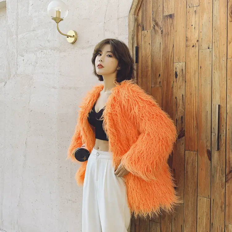 

2021 Winter Women New Long Imitation Lamb Fur Coats Female Faux Mongolia Sheep Fur Jackets Ladies Solid Warm Outwear R687