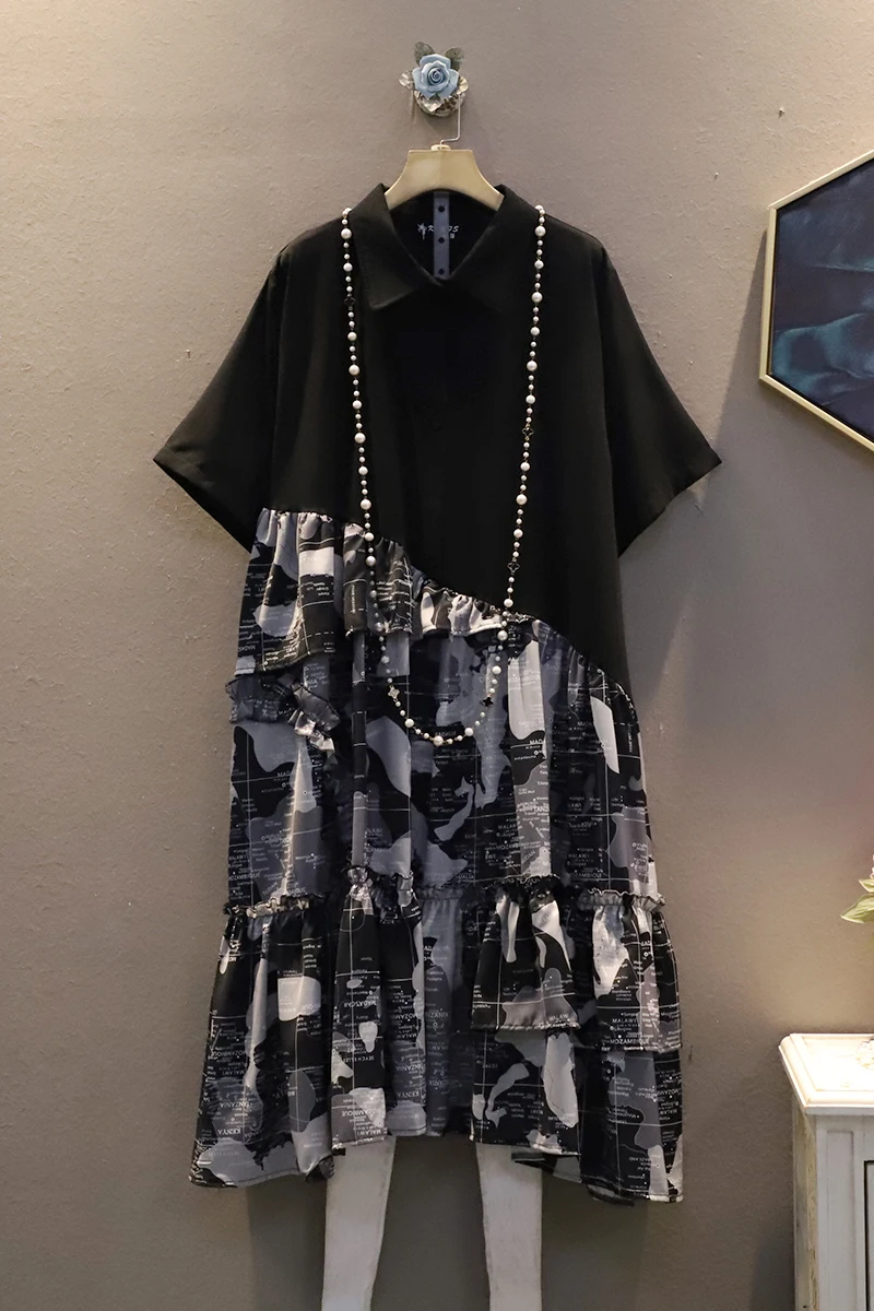 

IEQJ 2021 new summer fashion women clothes turn-down collar short sleeves printed asymmetrical pullover big size dress WS36101