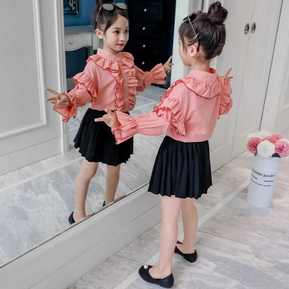 Весенняя детская одежда блузка с оборками и плиссированная юбка для девочек из 2