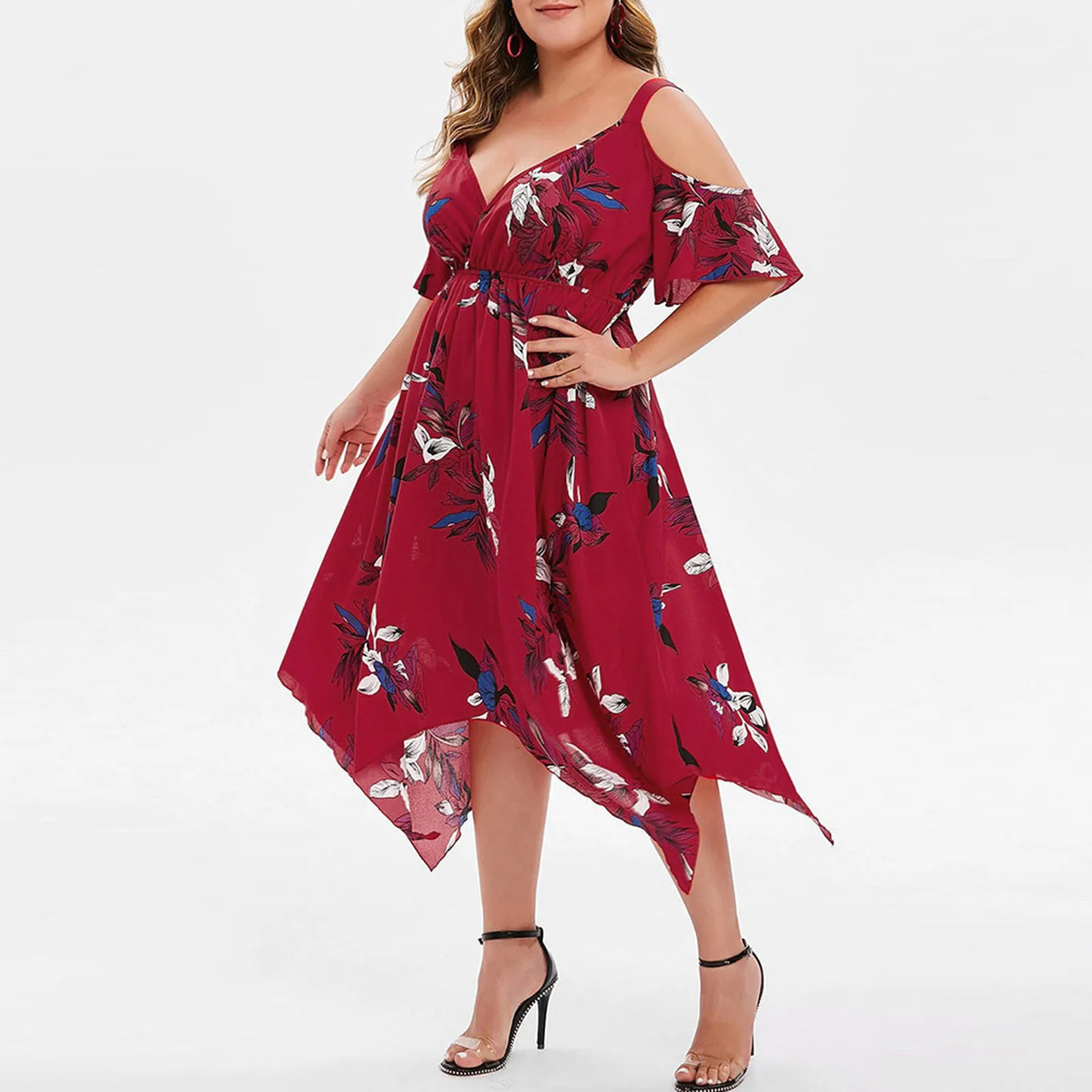 

2021 Summer Beach Dress Plus Size 4XL 5XL Women V Neck Off Shoulder Strap Dress High Waist Floral Print Irregular Bohe Dresses