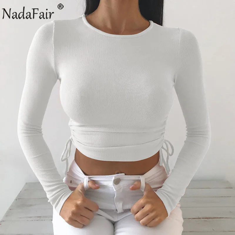 Кроп топ Nadafair Женский трикотажный в рубчик пикантный Топ с длинным рукавом и