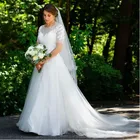 Свадебное платье E JUE SHUNG, скромное, ТРАПЕЦИЕВИДНОЕ, с коротким рукавом, с глубоким круглым вырезом, с аппликацией на спине, в стиле кантри, 2020